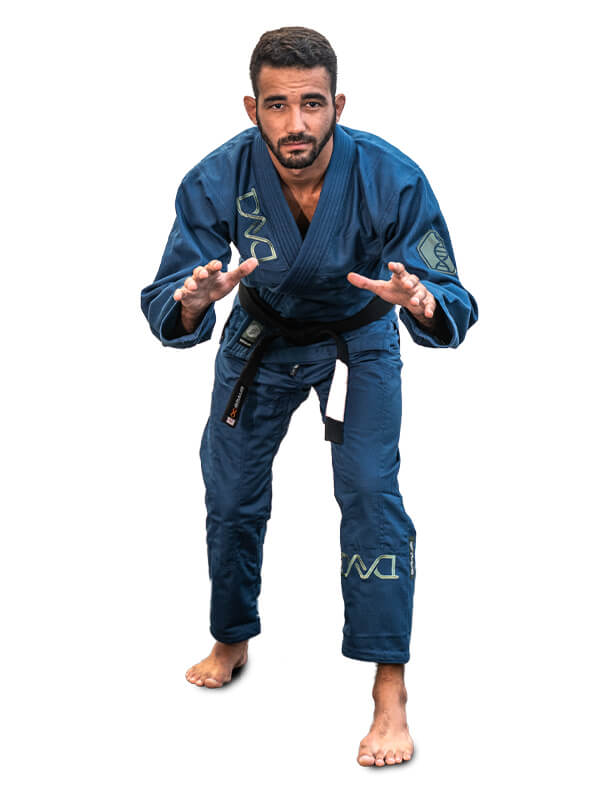 Braus Fight Kimono DNA Jiu Jitsu Azul - Agachado en posición de combate